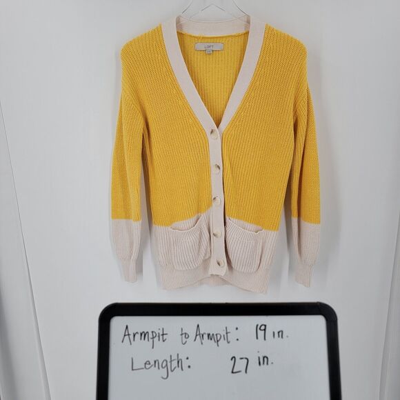 Loft Cardigan Womens XS Yellow White Long Sleeve Button Up Cotton Knit Preppy - Picture 11 of 11